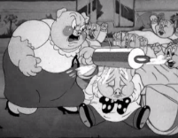 A very fat Petunia hits Porky with a rolling pin.